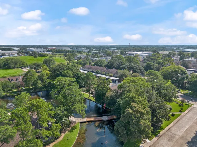 a view of a city with lush green forest