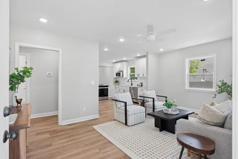 a living room with furniture a potted plant and kitchen view