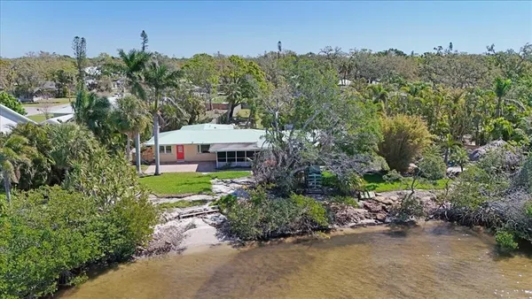 a view of a park with large trees