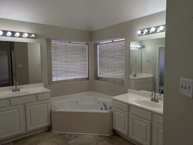 a bathroom with a tub a sink double vanity and a mirror