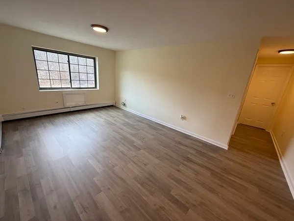 a view of empty room with wooden floor