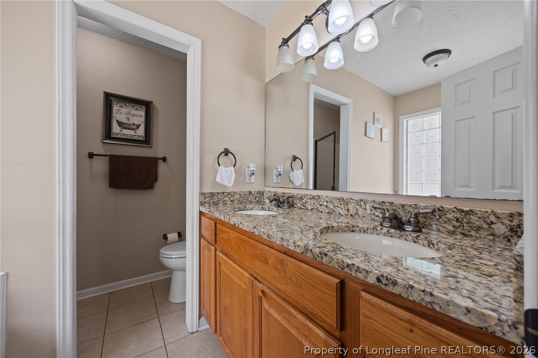 236 Proclamation Drive Raeford, NC 28376 - Photo 4 of 43 a bathroom with a granite countertop sink a toilet and mirror