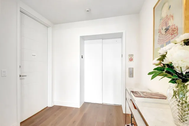 a view of a hallway with wooden floor and a potted plant