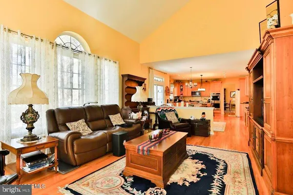 a living room with furniture a rug and a chandelier
