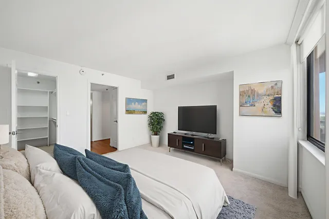 a bedroom with a bed and a flat screen tv