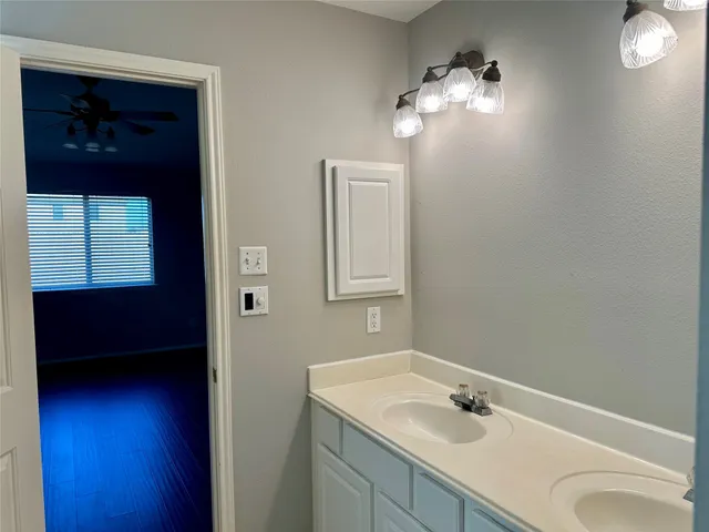 a bathroom with a sink vanity and a mirror