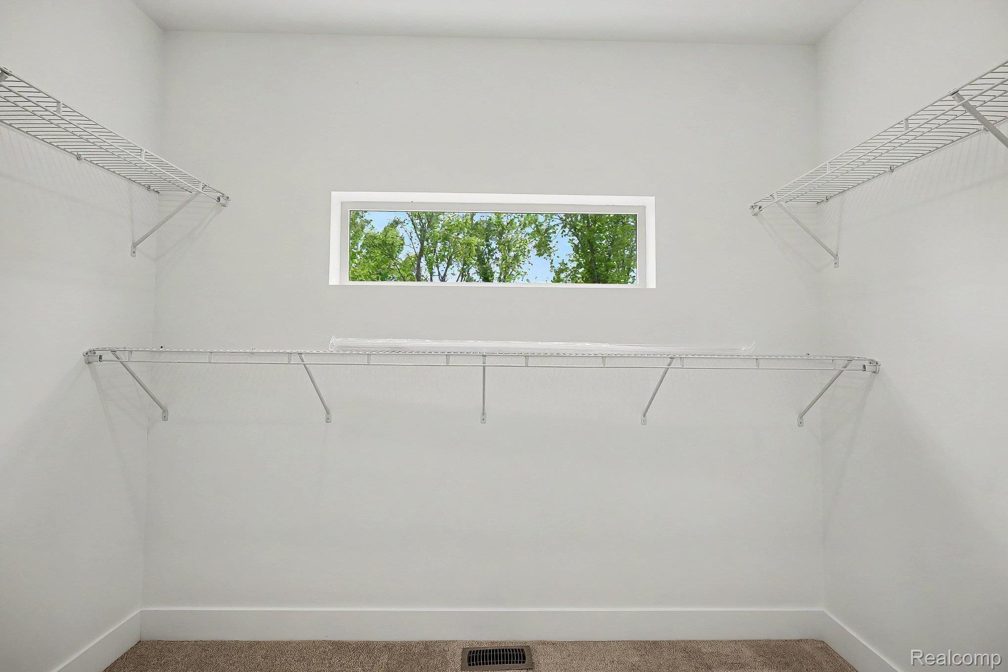 57560 Omo Road Ray, MI 48096 - Photo 19 of 44 Walk-in closet featuring white wire shelving, a horizontal window, and neutral carpet flooring