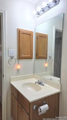 a bathroom with a sink and a mirror