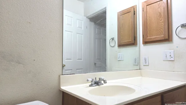 a bathroom with a sink and a mirror
