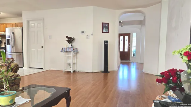 a dining room with wooden floor