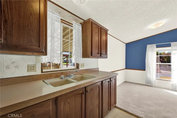 a kitchen with a sink a window and cabinets