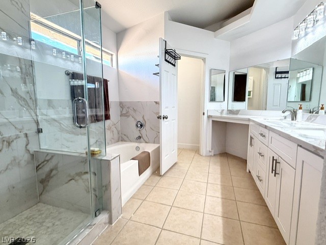 804 Rancho Coast Way Henderson, NV 89002 - Photo 13 of 20 A glass-enclosed shower, soaking tub, and double vanity with stone counters update this bathroom.