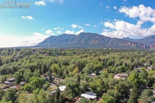 a view of a lush green forest with mountains in the background