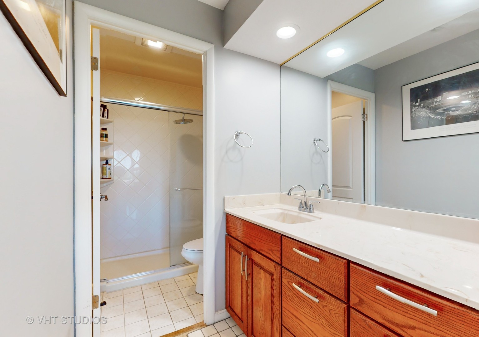 8630 Waukegan Road, Unit 519 Morton Grove, IL 60053 - Photo 19 of 26 a bathroom with a sink a toilet and shower