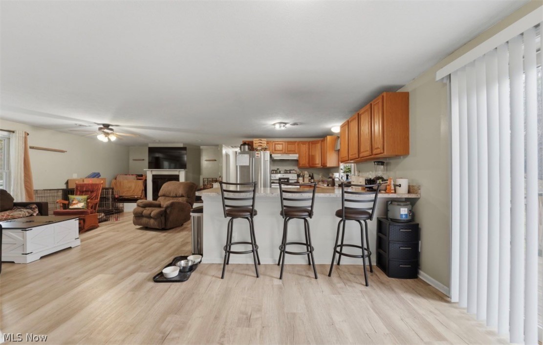 4132 Benetka Road Ashtabula, OH 44004 - Photo 20 of 20 Kitchen featuring a peninsula, light wood-style floors, light countertops, a ceiling fan, and open floor plan