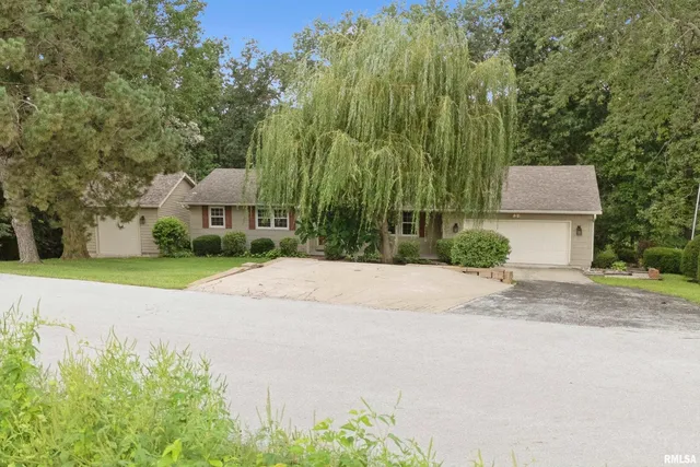 a view of a yard in front of a house with a large tree