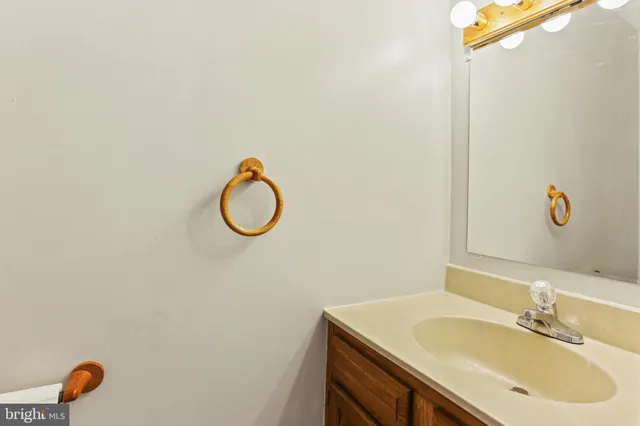 a bathroom with a sink vanity and a mirror
