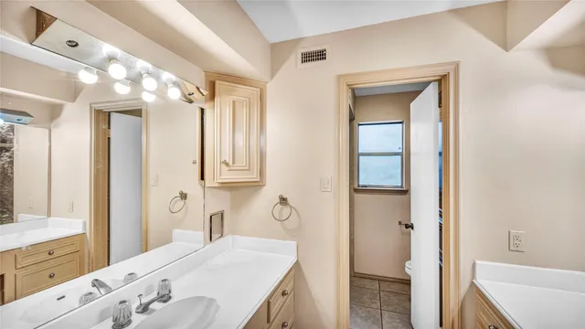 a bathroom with a double vanity sink mirror and shower