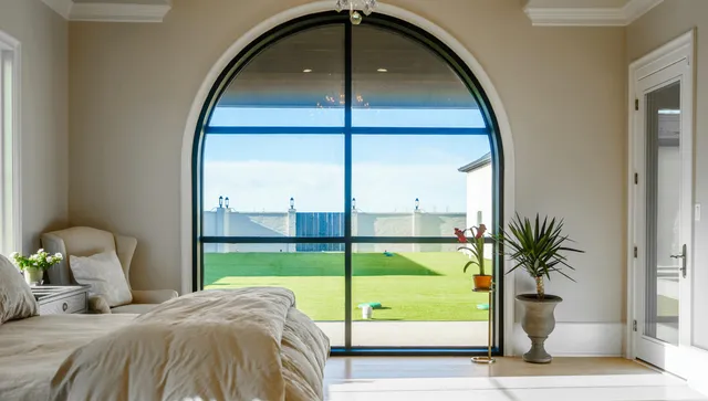 a bedroom with a bed and a large window