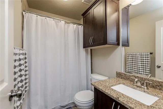 a bathroom with a granite countertop sink toilet and shower