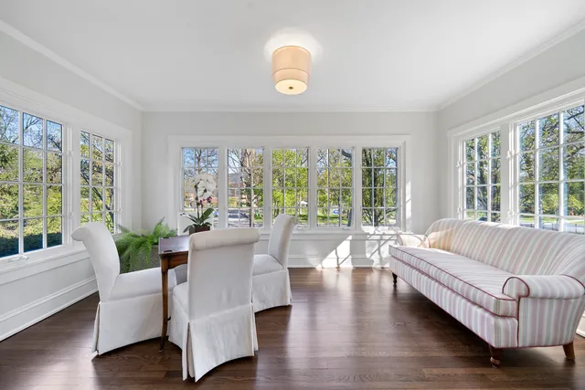 a garden view with a seating space