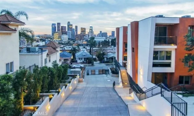 a city view with tall buildings
