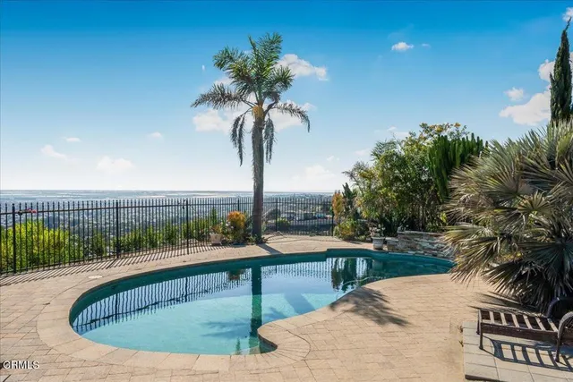 a view of a swimming pool with a patio and a garden