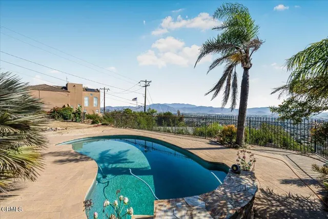 a view of a swimming pool with a yard and potted plants
