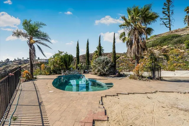 a view of a swimming pool with a yard and palm trees