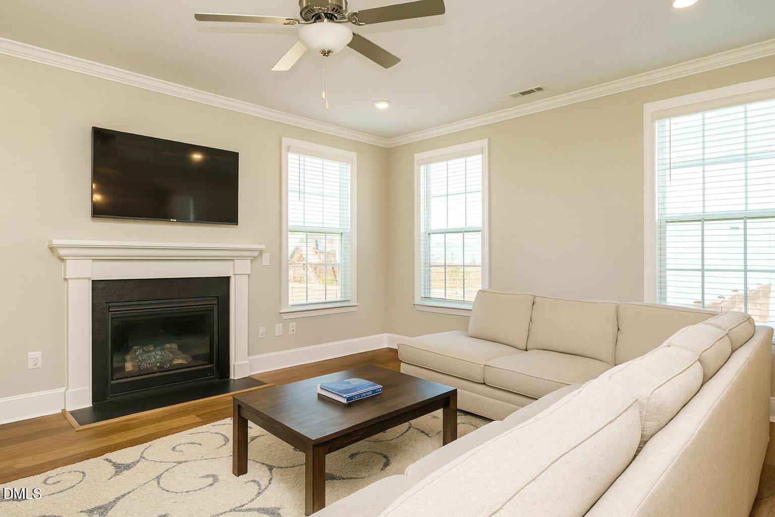 507 Dungannon Loop Clayton, NC 27520 - Photo 6 of 36 a living room with furniture a flat screen tv and a fireplace