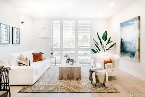 a living room with furniture a rug and a potted plant