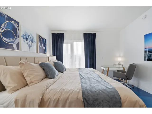 a bedroom with a bed and closet