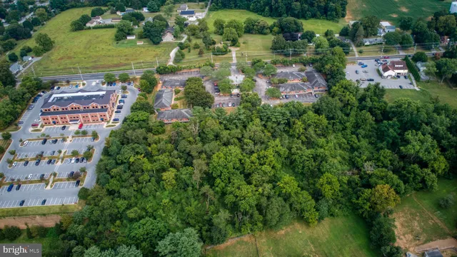 an aerial view of residential houses with outdoor space and trees