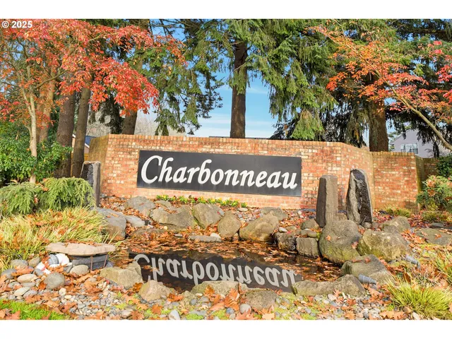 a view of outdoor space with signage and flags