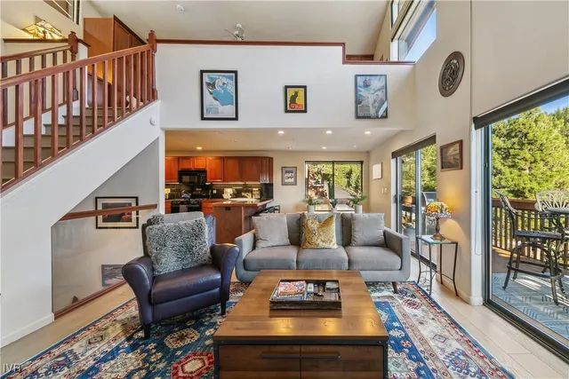 a living room with furniture a rug and a floor to ceiling window