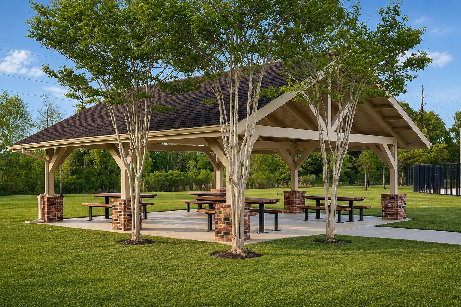 5522 Glenfield Spring Lane Spring, TX 77389 - Photo 45 of 46 Charming outdoor community pavilion with multiple picnic tables, ideal for gatherings and relaxation.