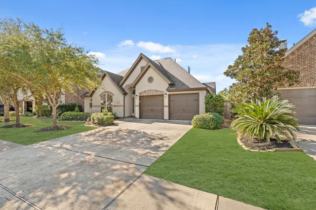 a view of a yard in front of a house with plants and large tree