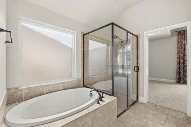 a bathroom with a bathtub and a shower