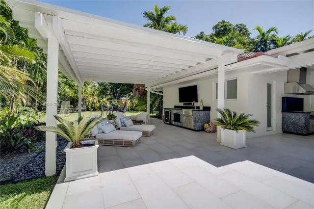 a view of a patio with couches and a potted plant