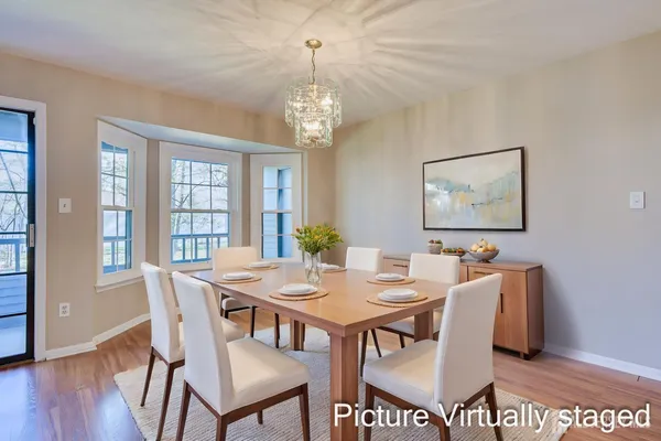 a view of a dining room with furniture window and wooden floor