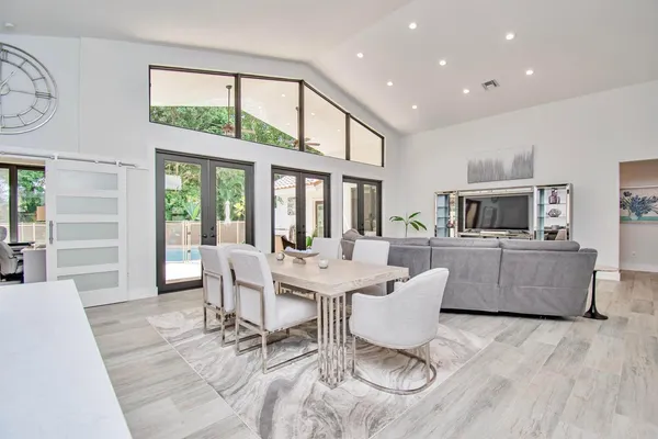 a view of a dining room with furniture window and wooden floor