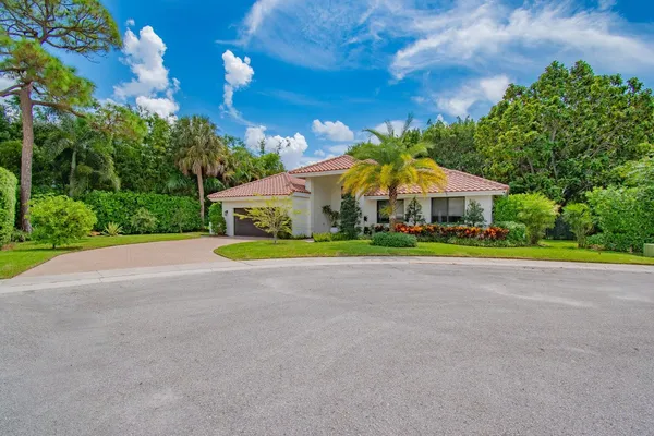 a view of a house with entertaining space and large trees