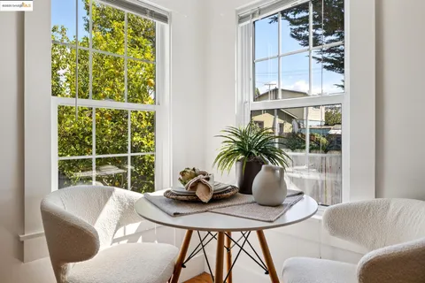 a view of a dining room with furniture and window