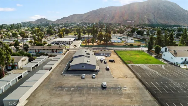 an aerial view of a swimming pool