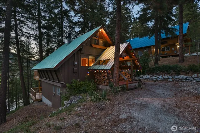 a backyard of a building with large trees