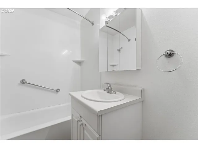 a bathroom with a sink vanity and a mirror
