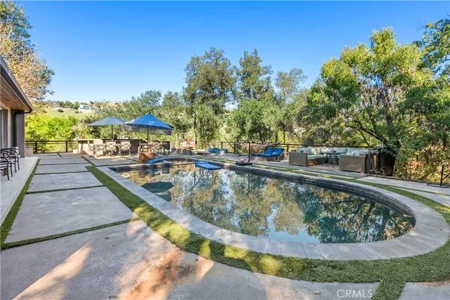 a view of swimming pool with outdoor seating and plants