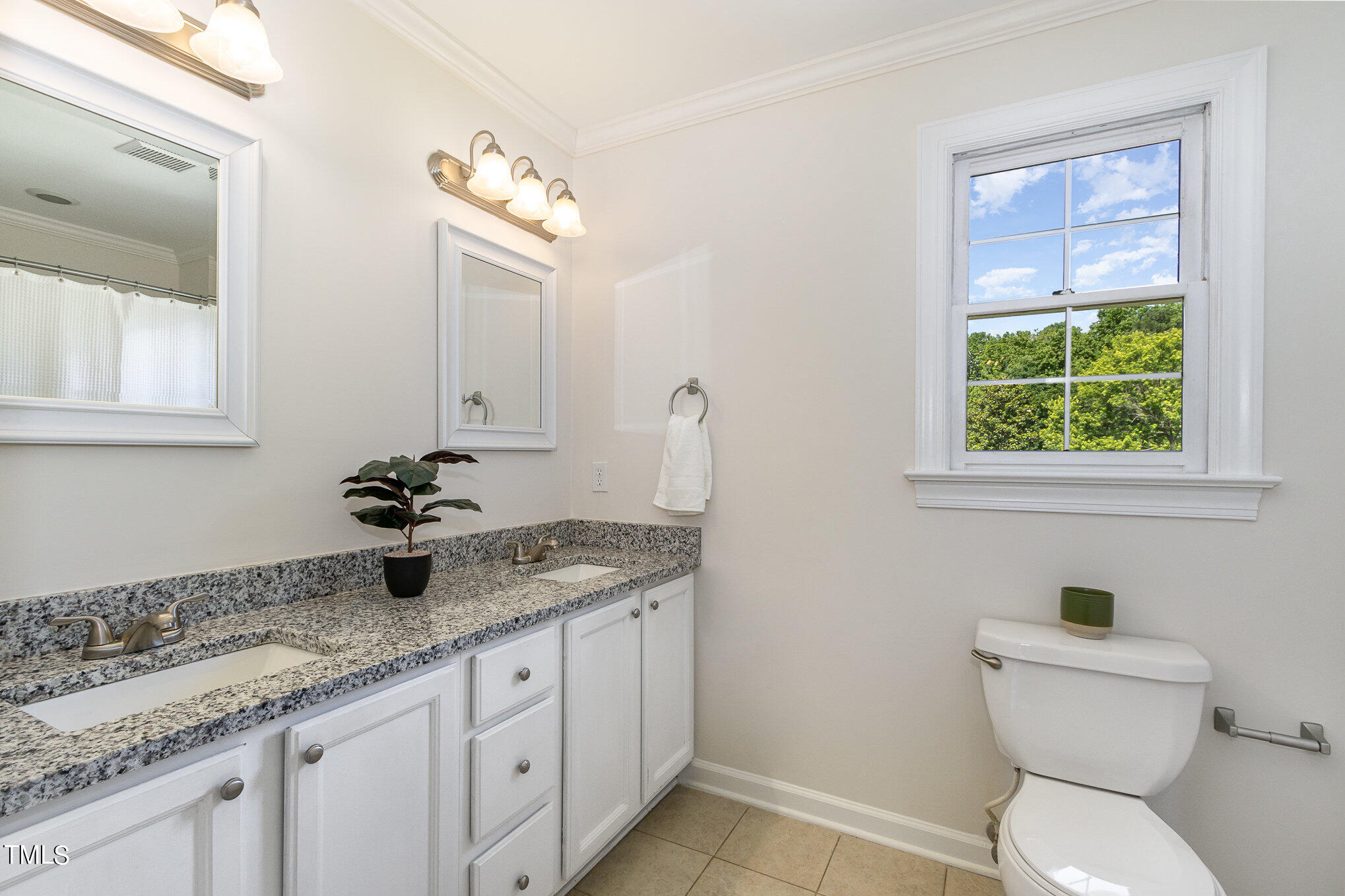 6004 Swales Way Raleigh, NC 27603 - Photo 13 of 24 a bathroom with a granite countertop toilet sink and mirror