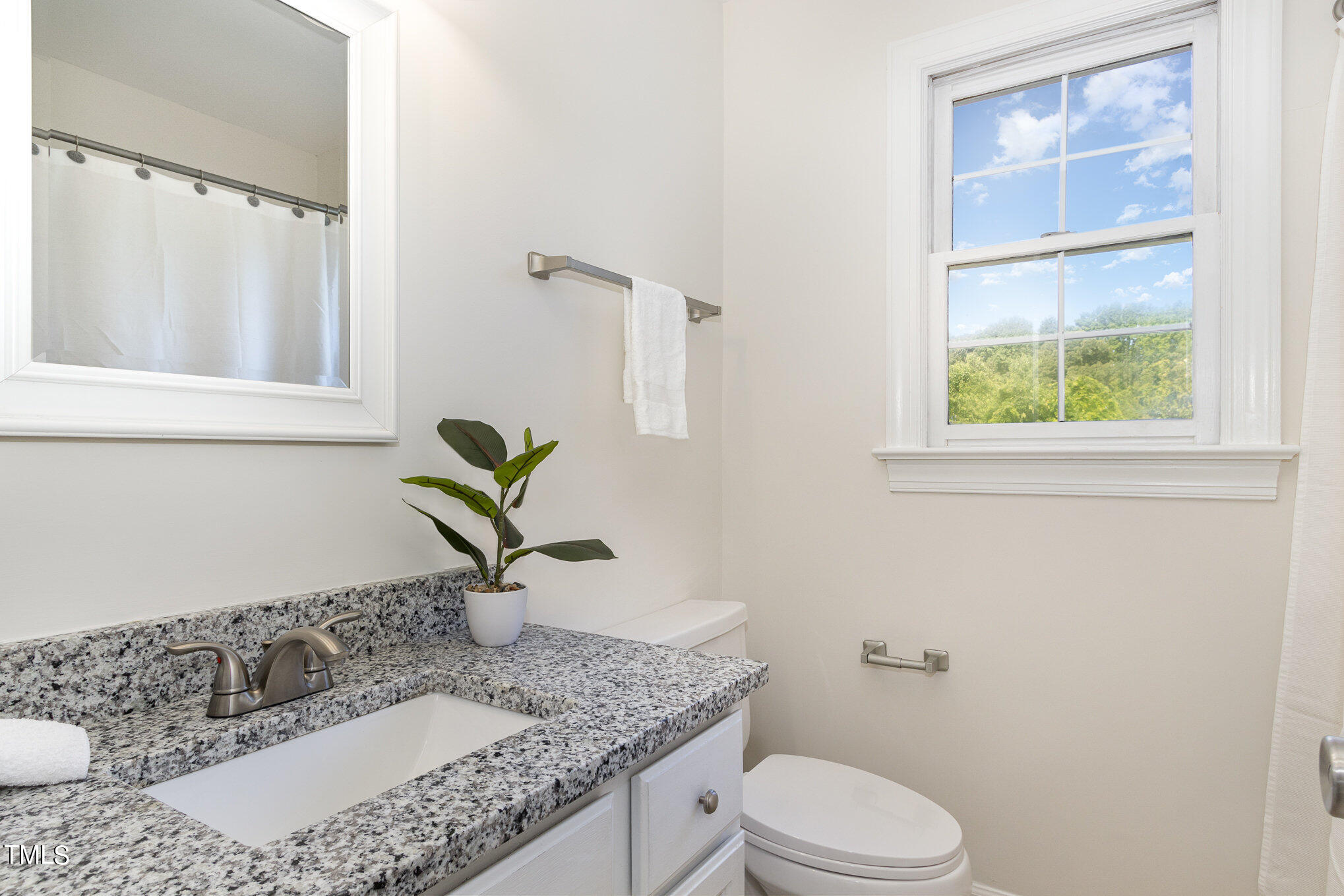6004 Swales Way Raleigh, NC 27603 - Photo 15 of 24 a bathroom with a granite countertop sink a toilet and a mirror