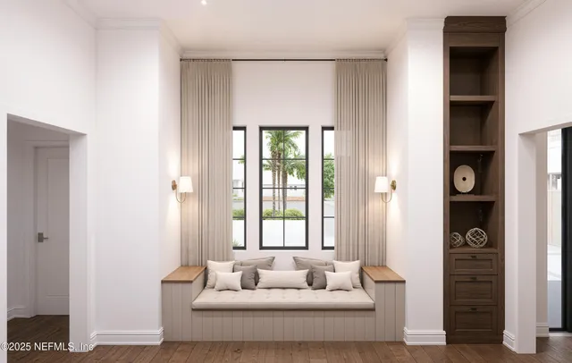 a hallway with a white wooden floor